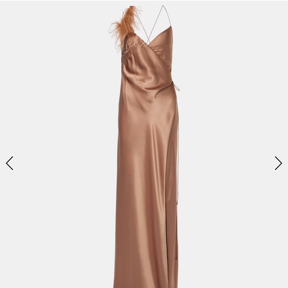 Feather-trimmed silk satin wrap dress